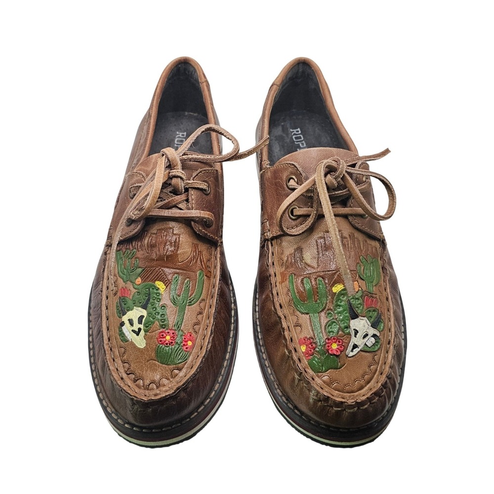 Roper Womens Brown Leather Desert Cactus Skull Boat Shoes Loafers Sz 10 - Picture 3 of 12
